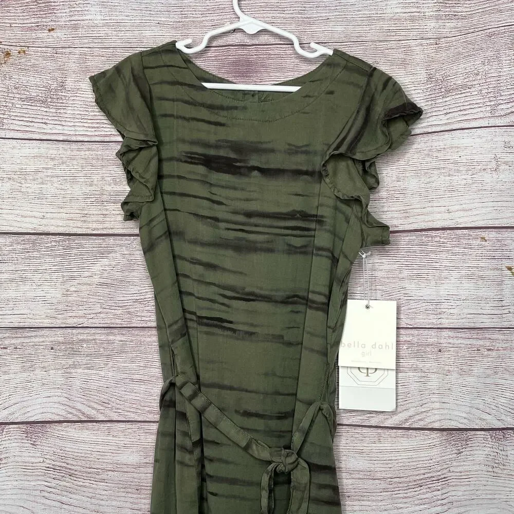 Bella Dahl Girls Flutter Sleeve Ruffle Fernwood Stripe Dress Size 10 New